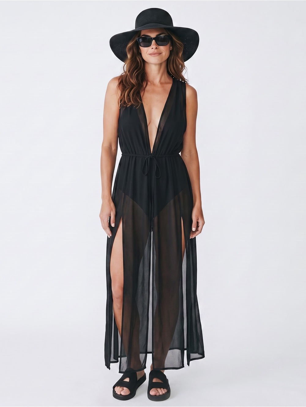 Revamped Black Sheer Plunging V-Neck Maxi Coverup